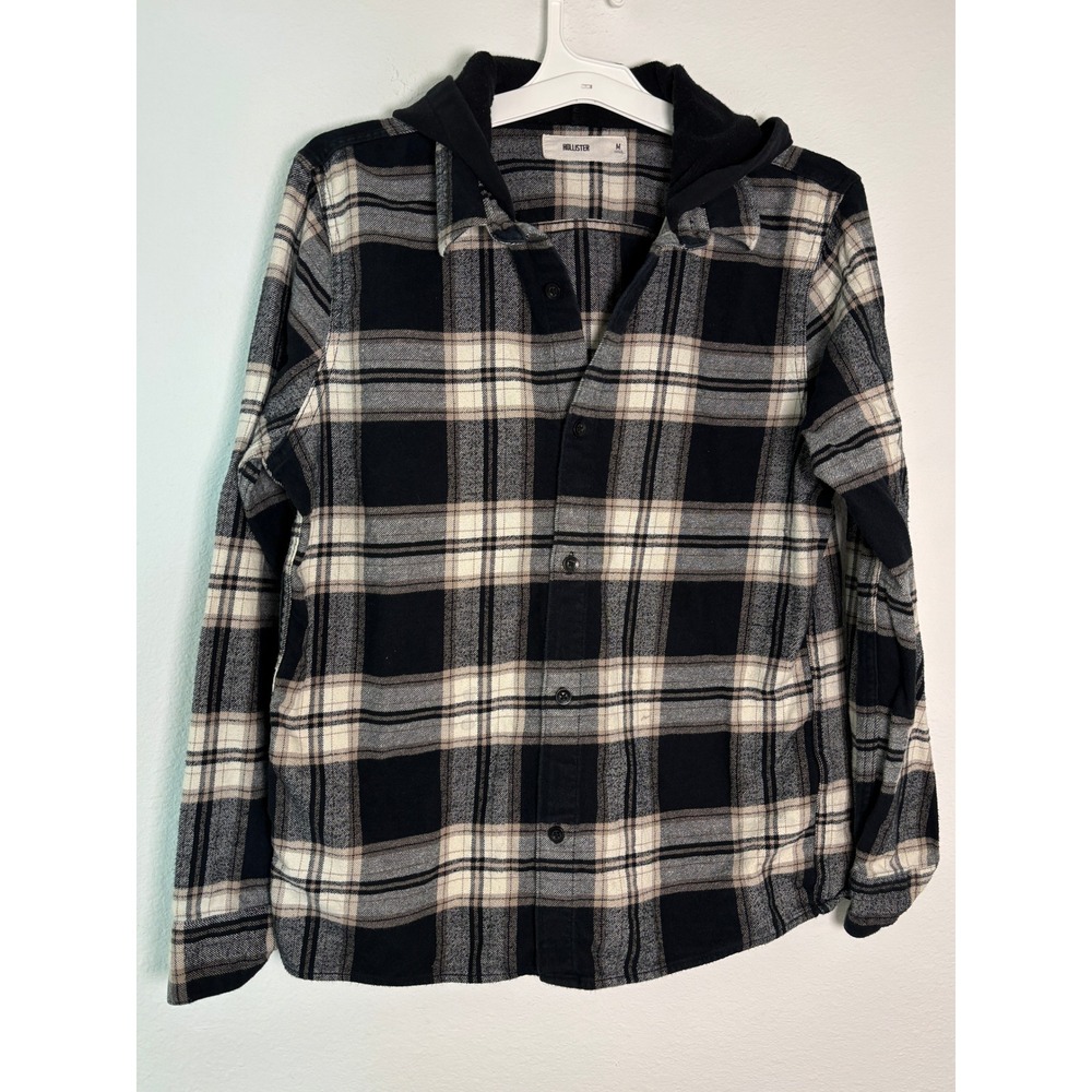 Hollister Mens Plaid Hooded Flannel Shirt Black White Long Sleeve Button Down M